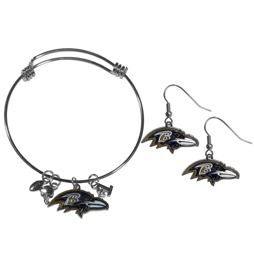 Baltimore Ravens Dangle Earrings and Charm Bangle Bracelet Set