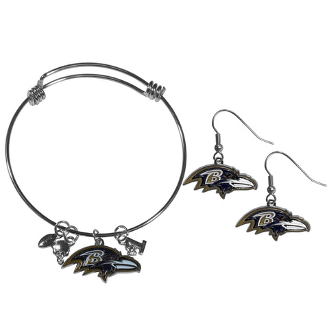 Baltimore Ravens Earrings - Dangle Style and Charm Bangle Bracelet Set