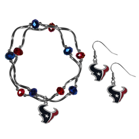 Houston Texans Earrings - Dangle Style and Crystal Bead Bracelet Set