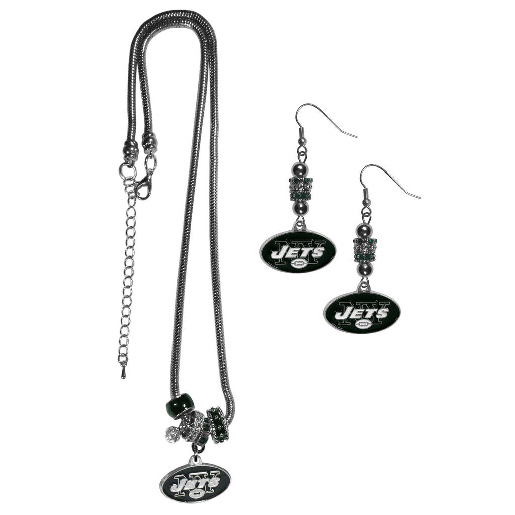 New York Jets Euro Bead Earrings and Necklace Set