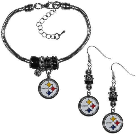 Pittsburgh Steelers Euro Bead Earrings and Bracelet Set