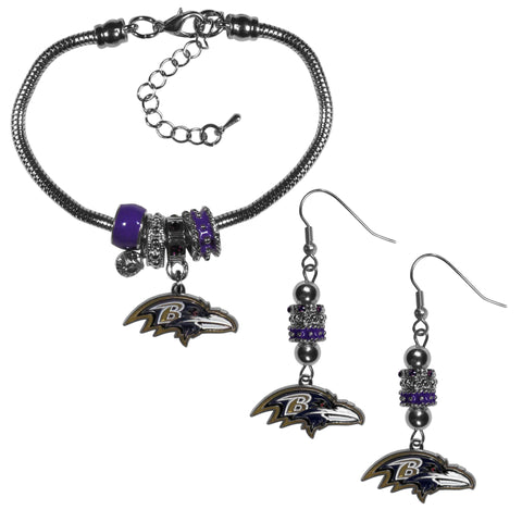 Baltimore Ravens Euro Bead Earrings and Bracelet Set