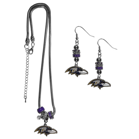 Baltimore Ravens Euro Bead Earrings and Necklace Set