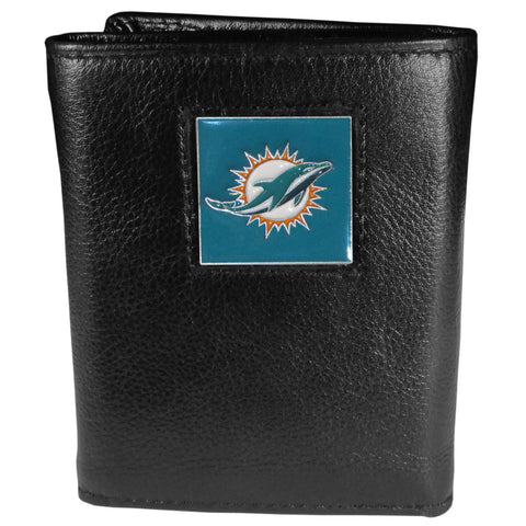 Miami Dolphins Deluxe Leather Trifold Wallet Packaged in Gift Box