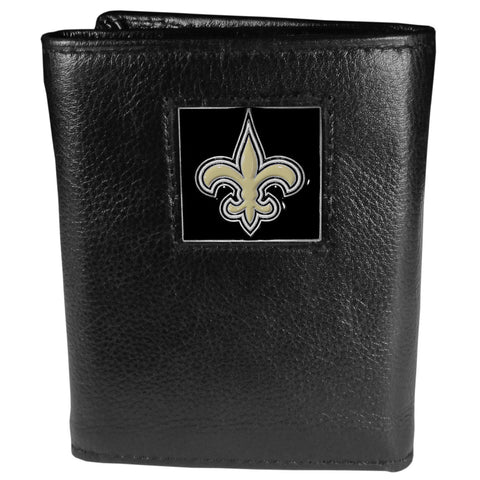 New Orleans Saints Deluxe Leather Trifold Wallet Packaged in Gift Box