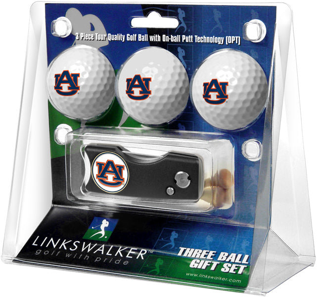 Auburn Tigers Spring Action Divot Tool 3 Ball Gift Pack