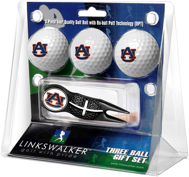 Auburn Tigers Black Crosshair Divot Tool 3 Ball Gift Pack