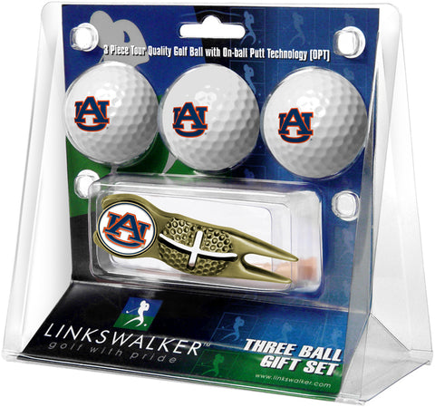 Auburn Tigers Gold Crosshair Divot Tool 3 Ball Gift Pack