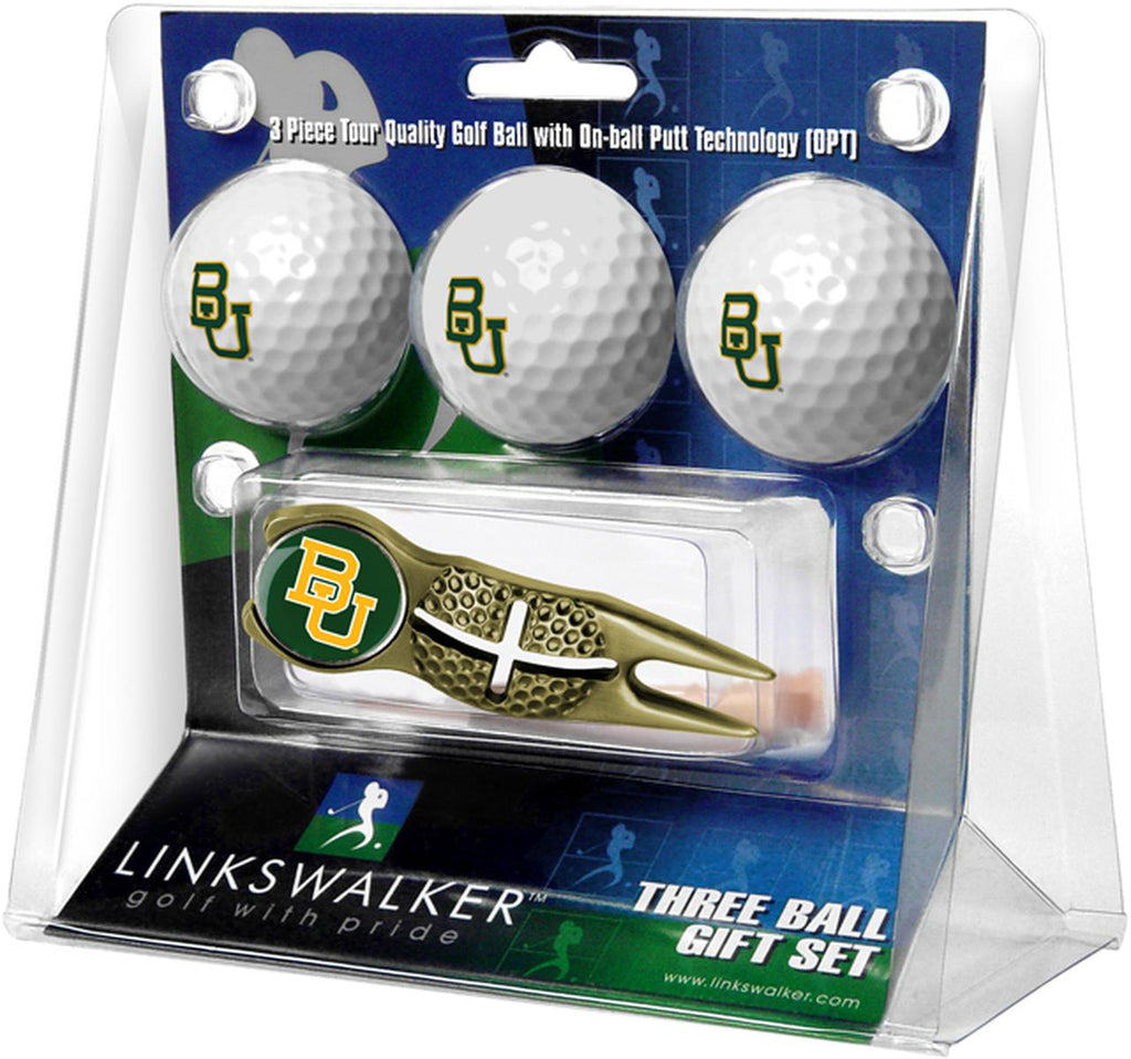 Baylor Bears Gold Crosshair Divot Tool 3 Ball Gift Pack  -  Gold