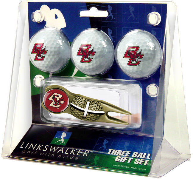 Boston College Eagles Gold Crosshair Divot Tool 3 Ball Gift Pack  -  Gold