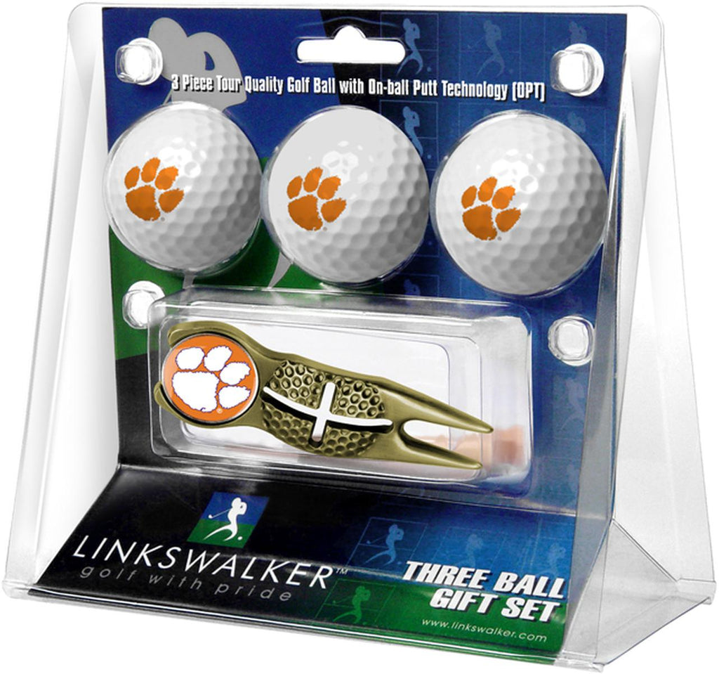 Clemson Tigers Gold Crosshair Divot Tool 3 Ball Gift Pack