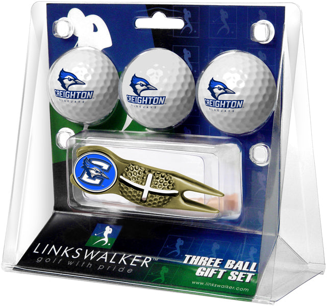 Creighton University Bluejays Gold Crosshair Divot Tool 3 Ball Gift Pack  -  Gold