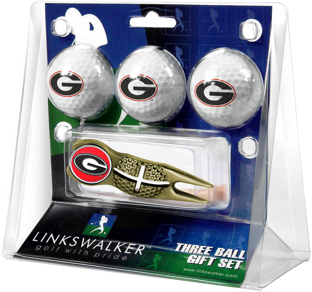 Georgia Bulldogs Gold Crosshair Divot Tool 3 Ball Gift Pack  -  Gold