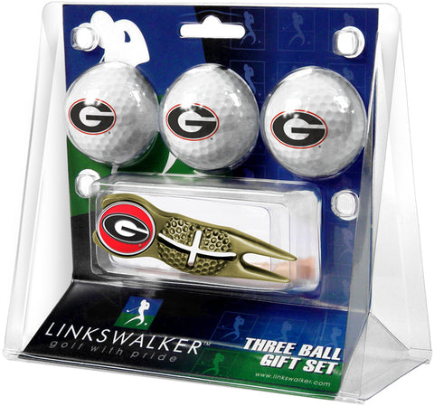 Georgia Bulldogs Gold Crosshair Divot Tool 3 Ball Gift Pack  -  Gold