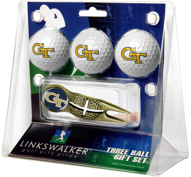 Georgia Tech Yellow Jackets Gold Crosshair Divot Tool 3 Ball Gift Pack  -  Gold