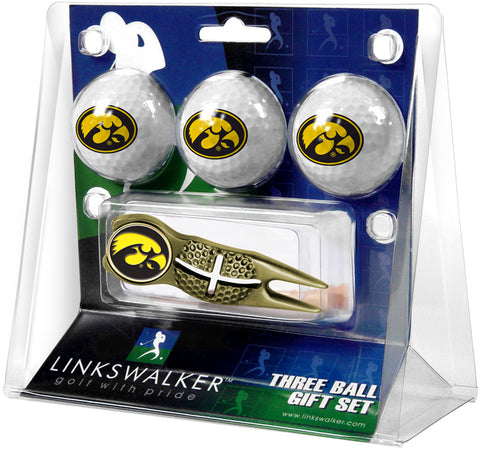 Iowa Hawkeyes Gold Crosshair Divot Tool 3 Ball Gift Pack