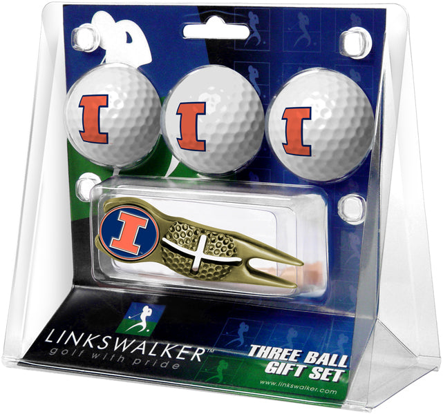 Illinois Fighting Illini Gold Crosshair Divot Tool 3 Ball Gift Pack