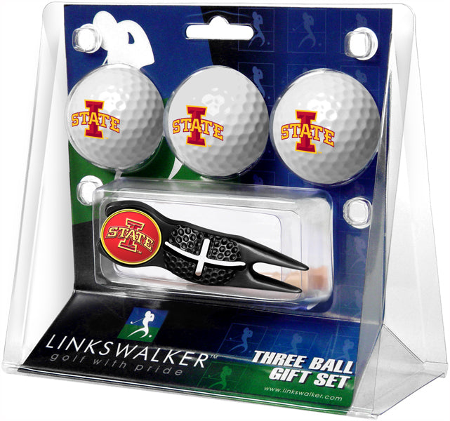 Iowa State Cyclones Black Crosshair Divot Tool 3 Ball Gift Pack  -  Black 