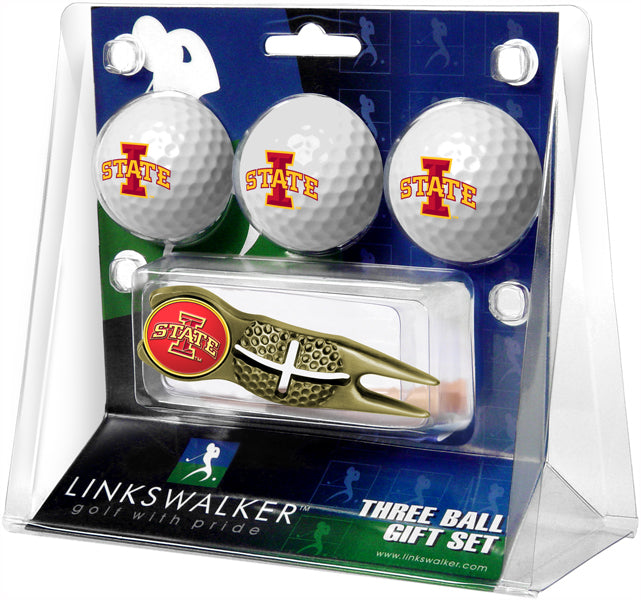 Iowa State Cyclones Gold Crosshair Divot Tool 3 Ball Gift Pack  -  Gold