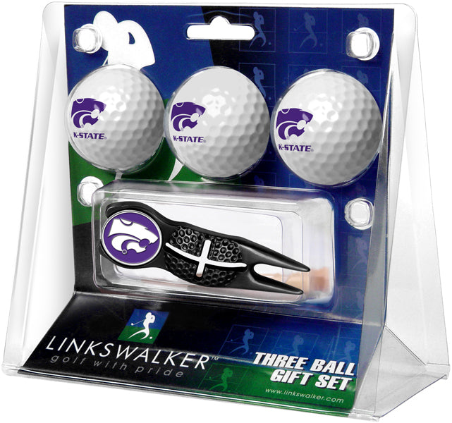 Kansas State Wildcats Black Crosshair Divot Tool 3 Ball Gift Pack  -  Black 