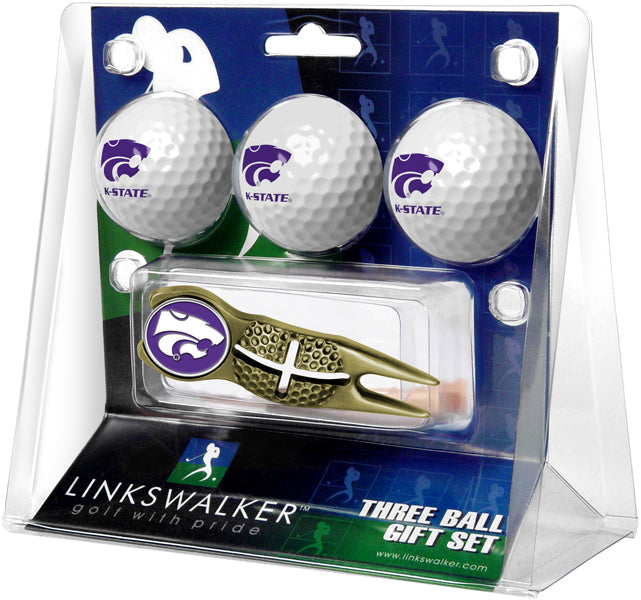 Kansas State Wildcats Gold Crosshair Divot Tool 3 Ball Gift Pack  -  Gold