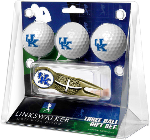 Kentucky Wildcats Gold Crosshair Divot Tool 3 Ball Gift Pack