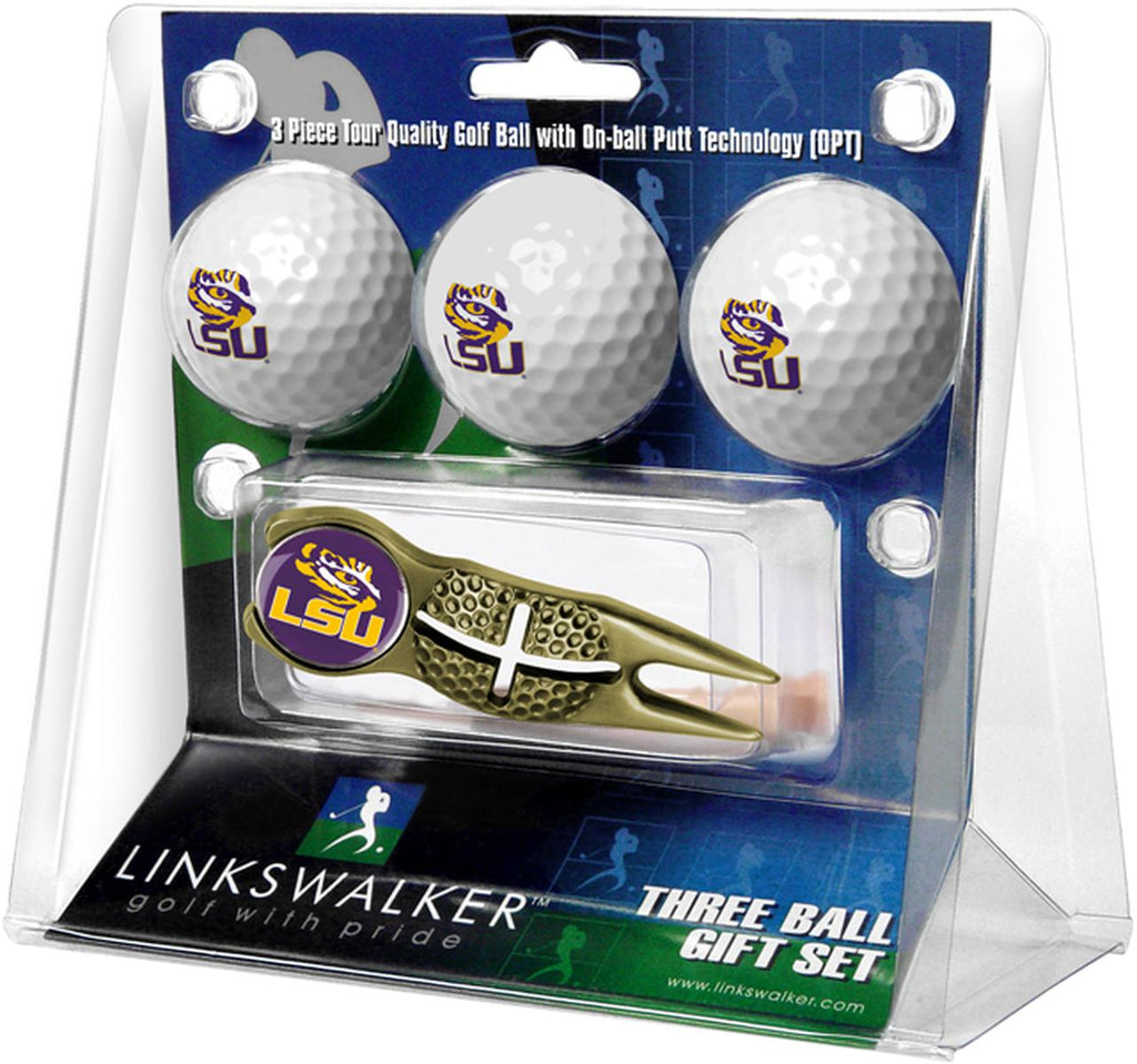 LSU Tigers Gold Crosshair Divot Tool 3 Ball Gift Pack
