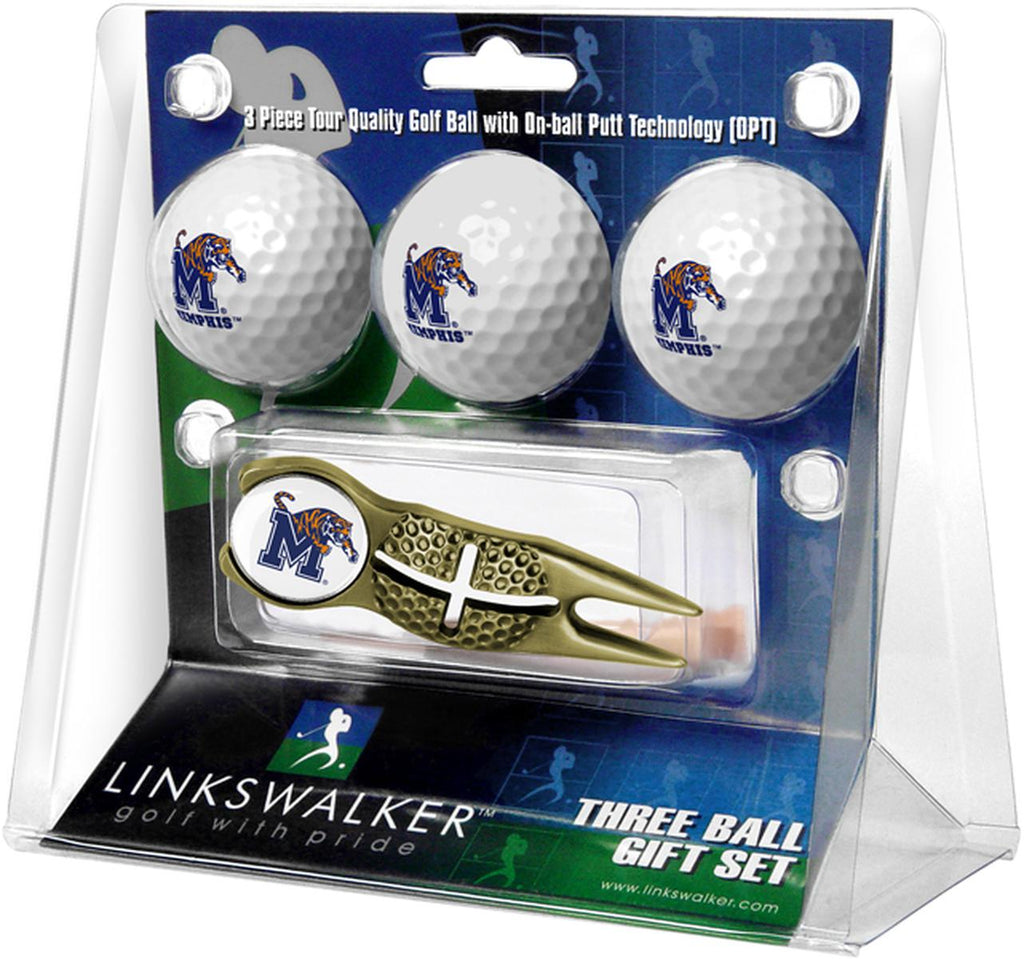 Memphis Tigers Gold Crosshair Divot Tool 3 Ball Gift Pack