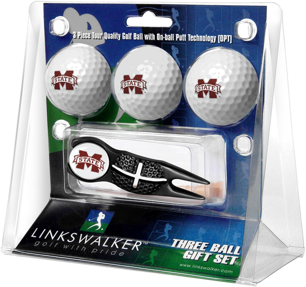 Mississippi State Bulldogs Black Crosshair Divot Tool 3 Ball Gift Pack  -  Black 