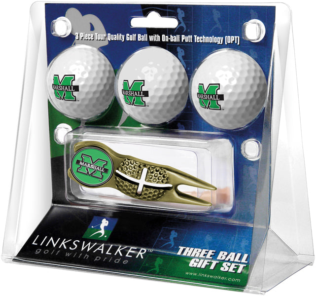 Marshall University Thundering Herd Gold Crosshair Divot Tool 3 Ball Gift Pack