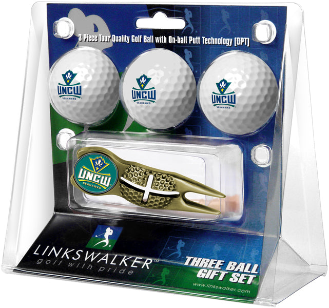 North Carolina Wilmington Seahawks Gold Crosshair Divot Tool 3 Ball Gift Pack  -  Gold