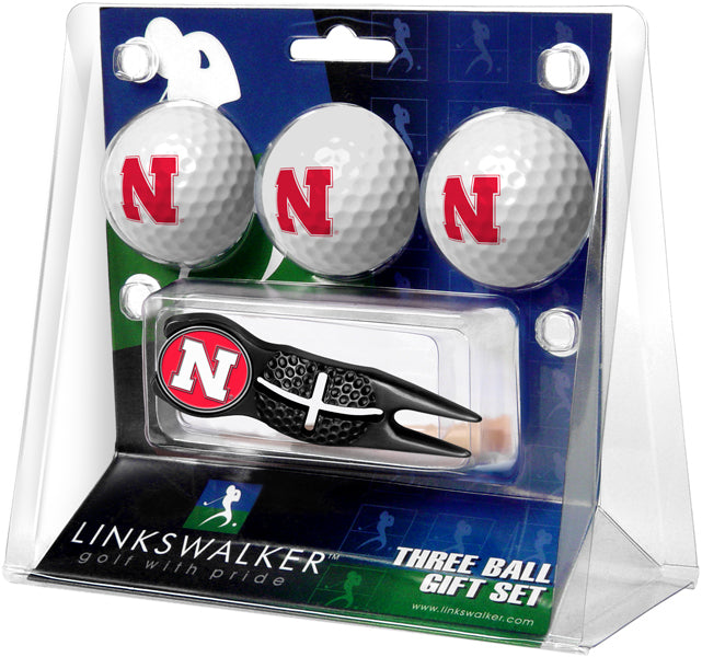 Nebraska Cornhuskers Black Crosshair Divot Tool 3 Ball Gift Pack  -  Black 