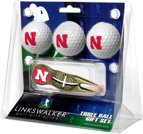 Nebraska Cornhuskers Gold Crosshair Divot Tool 3 Ball Gift Pack