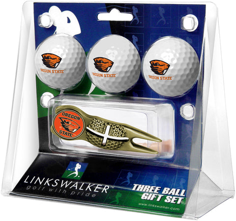 Oregon State Beavers Gold Crosshair Divot Tool 3 Ball Gift Pack