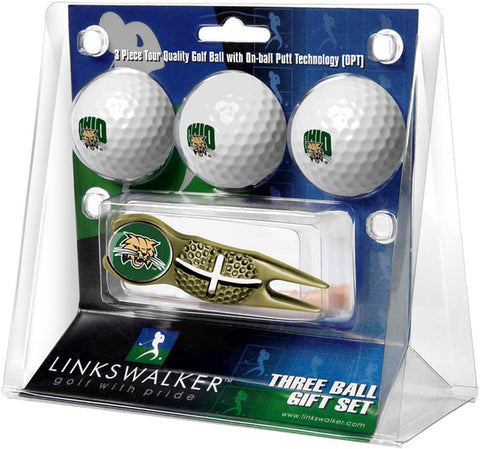 Ohio University Bobcats Gold Crosshair Divot Tool 3 Ball Gift Pack  -  Gold