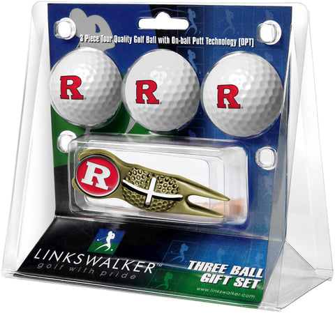 Rutgers Scarlet Knights Gold Crosshair Divot Tool 3 Ball Gift Pack