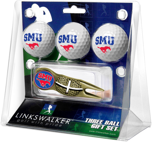 Southern Methodist University Mustangs Gold Crosshair Divot Tool 3 Ball Gift Pack