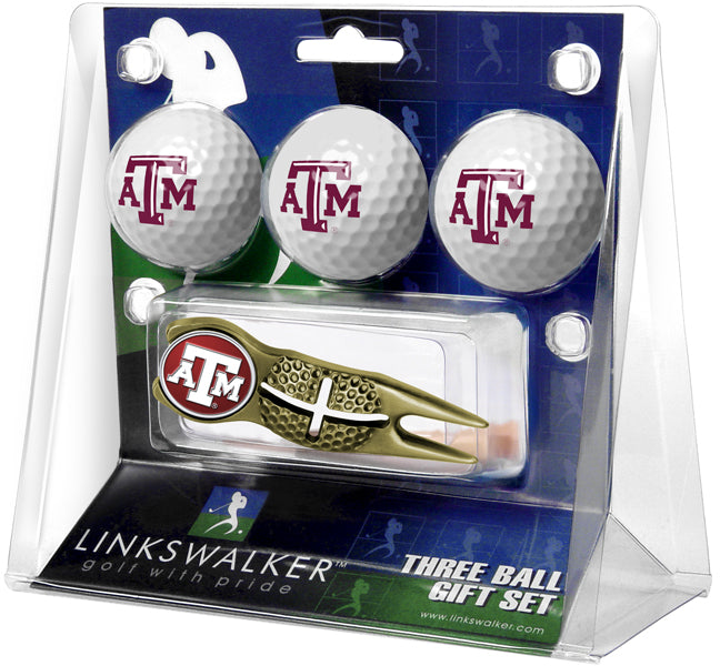 Texas A&M Aggies Gold Crosshair Divot Tool 3 Ball Gift Pack