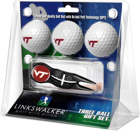Virginia Tech Hokies Black Crosshair Divot Tool 3 Ball Gift Pack  -  Black 