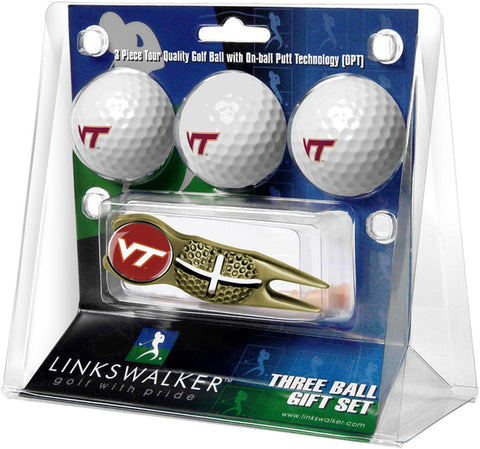 Virginia Tech Hokies Gold Crosshair Divot Tool 3 Ball Gift Pack